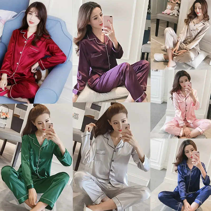 S9026 Ice Silk Pajamas Women'S Long Sleeve Plus Size Loose Home Sleepwear Satin Silk Designer Pajamas