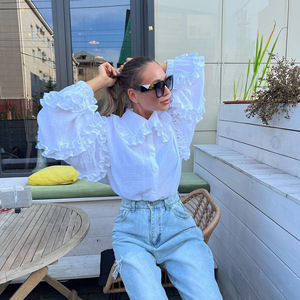 <span class=keywords><strong>Camicia</strong></span> da donna alla moda in stile coreano, primaverile, con volant, <span class=keywords><strong>maniche</strong></span> lunghe <span class=keywords><strong>a</strong></span> <span class=keywords><strong>palloncino</strong></span>, in cotone bianco - Product Image 4