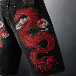Shorts en <span class=keywords><strong>jean</strong></span> amples brodés Dragon DiZNEW pour homme, délavage vintage, style streetwear, jorts Y2K grunge, coupe ample, personnalisables - Product Image 3