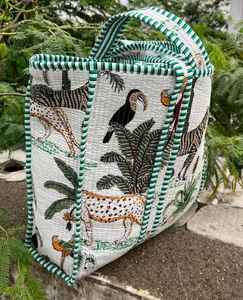 Bolsa de Mano Acolchada de Algodón con Estampado de Bloques, Reutilizable, para el Mercado, Oficina, Uso Casual, Viajes, Bolso de Hombro - Product Image 1