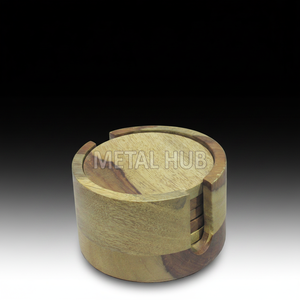 S/4 Acacia Wood Coaster Set <b>Round</b> Drink <b>Mats</b> with Mango Wood Pads | Classic <b>Table</b> Accessories for Dining & Gifting - Product Image 2
