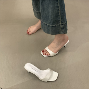 Square Toe High Heel <b>Slides</b> PU Material Slip-On Fashion Trend Summer Women's Shoes Black <b>White</b> Brown Colors - Product Image 4