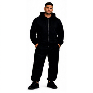 Survêtement à capuche en molleton de coton noir pour homme, fermeture éclair intégrale, avec poches latérales, tenue décontractée d'hiver, coupe oversize, couleur unie - Product Image 1