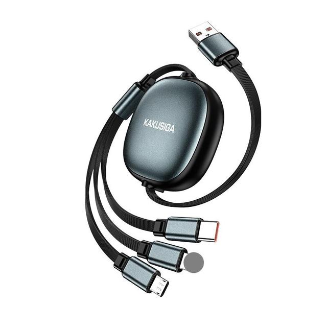 KAKUSIGA 3-in-1 Retractable Fast Charging Cable, 100W Type-C with Data Transfer & Dual Pull Design for Multiple Devices