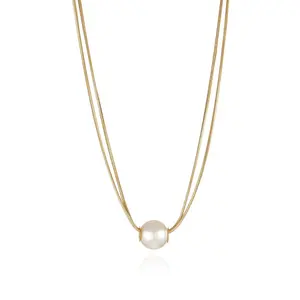 Hot Selling Women Girls Stainless Steel Snake Chain Imitation Pearl Charm Jewelry Necklace 18 K Gold