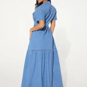 Женские джинсовые Макси-платья, джинсовое лоскутное платье-рубашка, джинсовое платье с коротким рукавом
