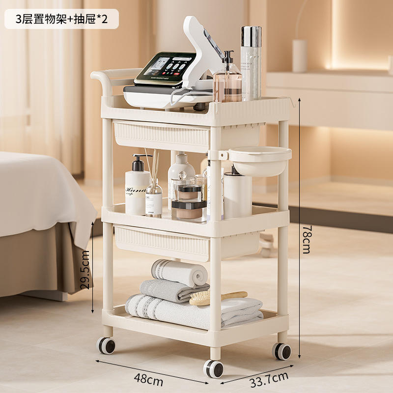 Three-tiered, two-drawer trolley with bowls