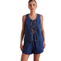 Ensemble deux pièces décontracté d'été pour femmes : gilet et short en jean, style vintage sans manches avec lacets