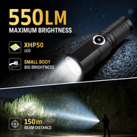 Lampe de poche LED XHP50, 550 lumens, charge USB-C, mini torche, lampe de poche rechargeable 18350 avec mode stroboscopique