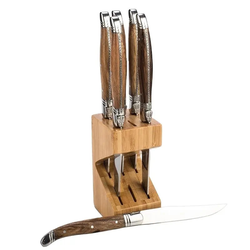 6 pieces Premium French style Laguiole kitchen Steak Knife set with Wood Handle bamboo knife block