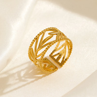 Cincin Daun Stainless Steel yang Dapat Disesuaikan, Bergaya Minimalis, Berlapis Emas 18K, Cocok untuk Influencer Online