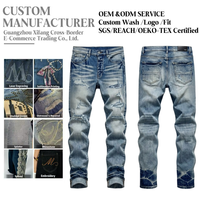 Pantalon slim pour homme, brodé, déchiré, coupe crayon, streetwear d'automne, denim vintage délavé moyen avec imprimé floqué, coton et élasthanne