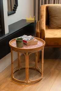Eco Friendly <b>Round</b> Woven Cane Coffee <b>Table</b> Mother of Pearl Inlay Modern Minimalist Living Room <b>Bedside</b> Side <b>Table</b> - Product Image 6