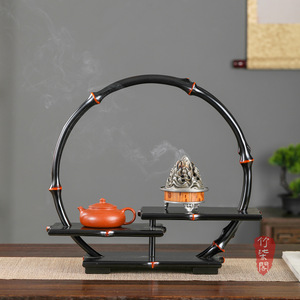 Bamboo Desk Display Shelf Lacquered Round Tea Set Storage Rack Chinese Style Teacup Holder - Product Image 1