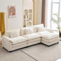 Weiches Stoffsofa mit Cremefarbenem, Breitem, Bequemem Wolken-Sitzgefühl, Ecksofa mit Ottoman, Tiefsitz und Plüschkissen, Modular für Wohnzimmer
