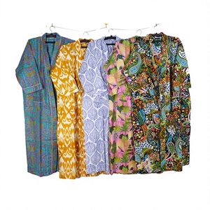 Bata de algodón 100% para mujer, estampada con flores, manga corta, cuello en V, largo completo, informal, para verano, ropa de dormir, albornoz - Product Image 2