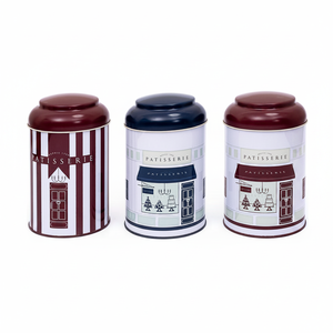 Dia 105 x 150 mm Round Metal Storage <b>Box</b> Set ( Set of 3) Dome Lid Claret <b>Red</b> and White Line Patisserie Design - Product Image 2
