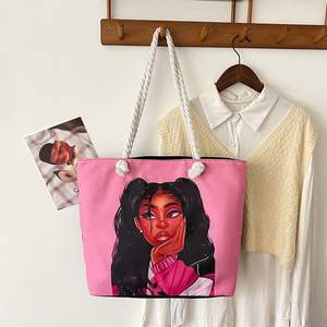 New Design Black Girl Printed Canvas Women Shoulder Handbag Large Capacity Canvas <b>Shopping</b> Tote <b>Bags</b> with Embroidery Logo - Product Image 4