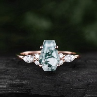 Anillo de ágata de musgo verde con corte de ataúd, anillo de compromiso único, anillo de ataúd Art Deco de Plata de Ley 925 para mujer