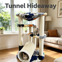 Arbre à chat coloré avec tunnel cachette, poteaux à gratter en sisal, plateformes en peluche, grand lit de repos supérieur, espace multi-chats