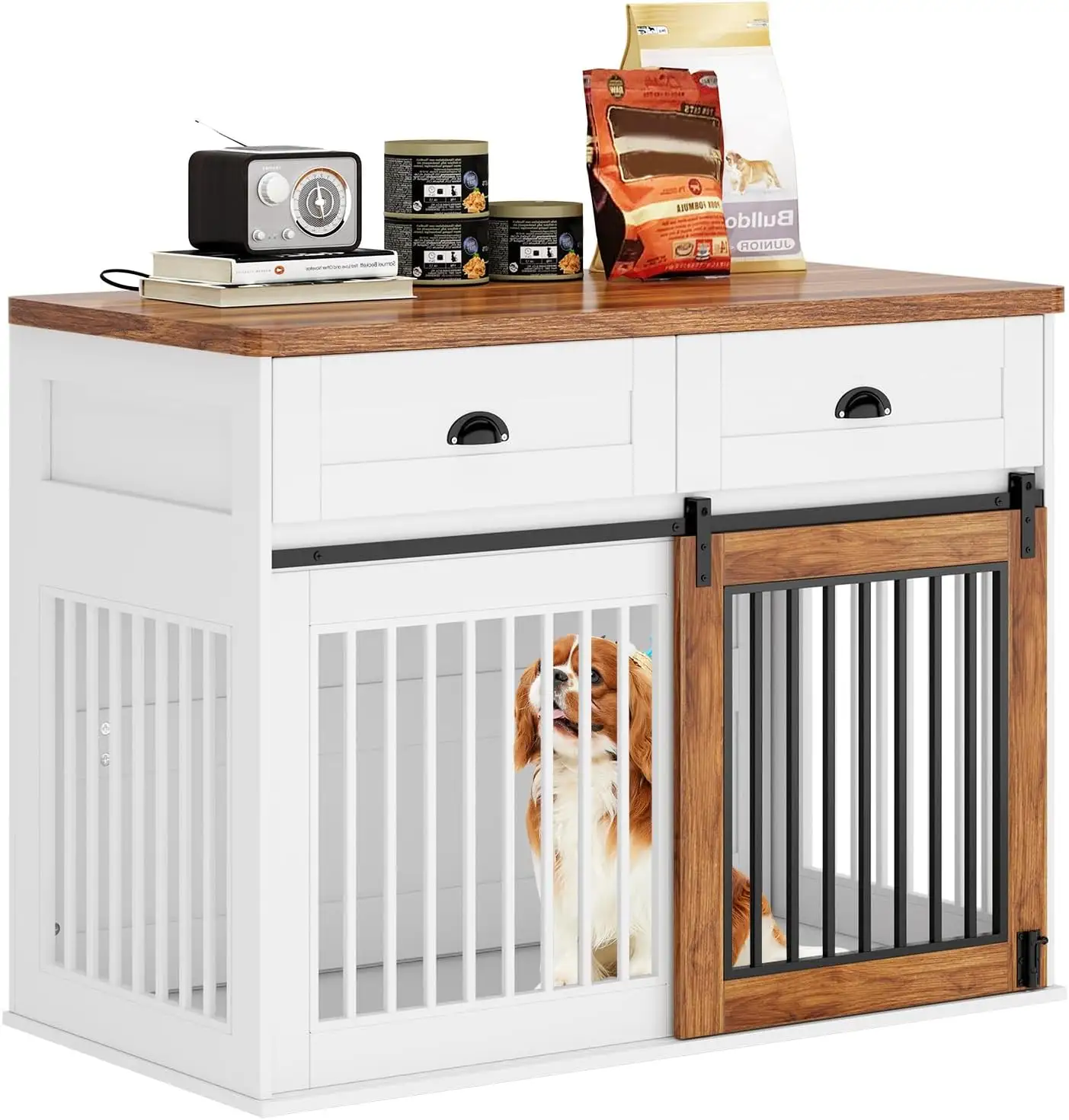 Dog Crate Indoor Dog House with Sliding Barn Door and Lock, Storage Drawers and Large Tabletop Dog Cages