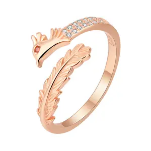 Nuovo Design Anello a Forma di <span class=keywords><strong>Fenice</strong></span> in <span class=keywords><strong>Argento</strong></span> Sterling 925 Aperto e Regolabile Anello con Foglia in Oro e <span class=keywords><strong>Argento</strong></span> per Gioielli da Donna - Product Image 1