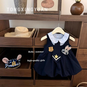 Tongxingyuan Girls Sleeveless Police Rabbit Dress With Peter Pan Collar Tulip Skirt School Style Summer Wear - Product Image 1