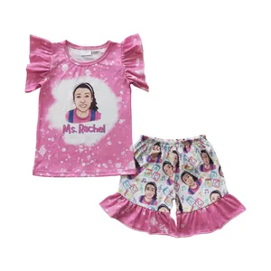 GSSO0265 boutique toddler girls Outfit Sets factory price Ms. Rachel character bleached pink short sleeved printed lace shorts