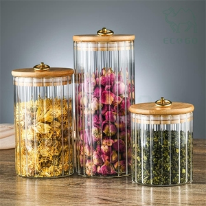 Boîtes de rangement pour épices, noix, thé, café, contenants alimentaires, pots en verre avec couvercles en bambou, hermétiques et à rayures - Product Image 1