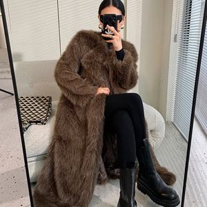 Abrigo largo maxi de piel sintética con ribete de piel para mujer, chaqueta larga de piel sintética lisa para invierno - Product Image 4