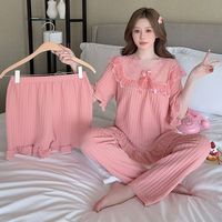 Haute qualité été coton pyjamas dentelle garniture vêtements de nuit doux princesse Style 3 pièces vêtements de nuit pour dames