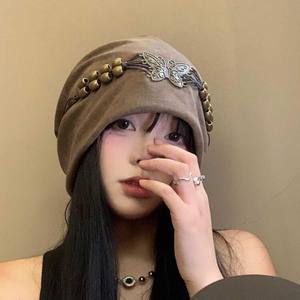 American Retro Style Tie-Dye Pullover Cold Cap pour les femmes Maillard Tassel Big Head Cirference Showy Face Small Heap Beanies - Product Image 3