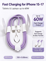 Câble de données USB-C vers USB-C 3A à charge rapide en nylon avec alliage d'aluminium pour téléphones, ordinateurs, batteries externes et écouteurs, violet