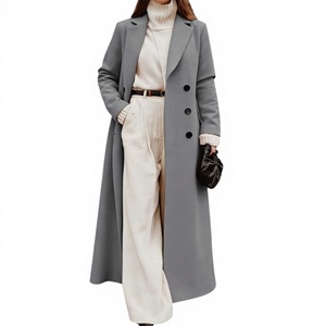 Elegant Grey Long Trench Coat Women Winter Turn-down Collar Lace Crystal Buttons Single Button Closure Wide Leg <b>Pants</b> High - Product Image 2