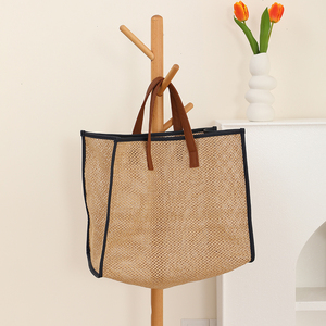 Sacs fourre-tout réutilisables <span class=keywords><strong>en</strong></span> paille tressée de haute qualité pour femmes, avec poignée <span class=keywords><strong>en</strong></span> <span class=keywords><strong>cuir</strong></span>, pour le shopping et les voyages - Product Image 1