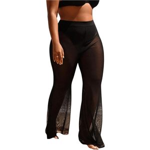 Pantalones de playa de talla grande para mujer, de malla transparente, de cintura alta, para cubrir el traje de baño, de longitud maxi, ajuste holgado, parte inferior de bikini - Product Image 4