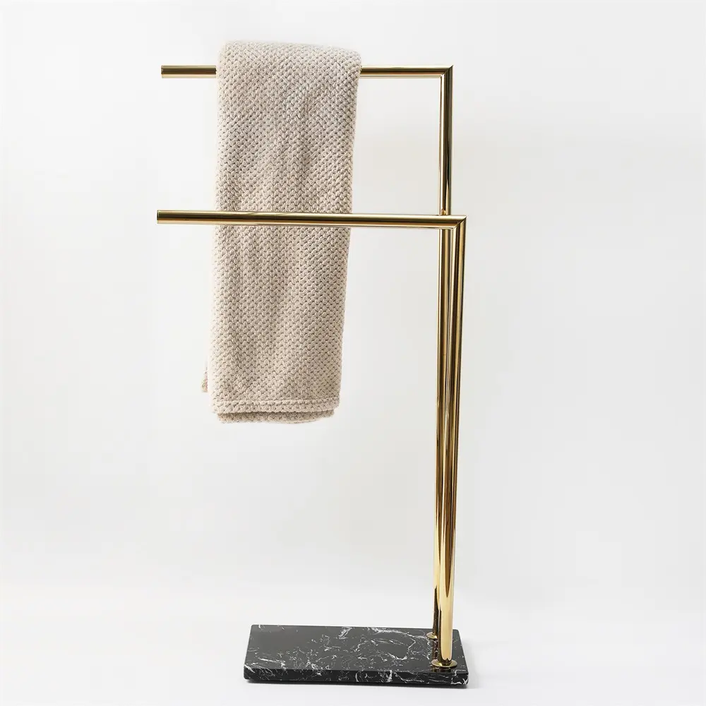 Double Brass Rail Real Marble Base Freestanding Floor Towel Holder Golden Brass Towel Rack Black Marble Bathroom Hardware