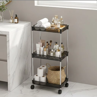 Chariot de rangement roulant en acrylique transparent à 3 niveaux avec étagères visibles pour articles de toilette, aliments et tasses à café