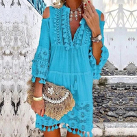 Robe à Manches Longues avec Frange en Dentelle pour Femme, Robes d'Été Décontractées, Boho, Sexy, Col V Profond