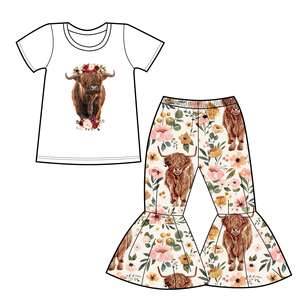 Ropa de Boutique al por Mayor, Conjuntos de Ropa para Bebés Niñas, Pantalones de Campana de Manga Corta, Estampado de Leopardo, Trajes de Granja para Niños - Product Image 2