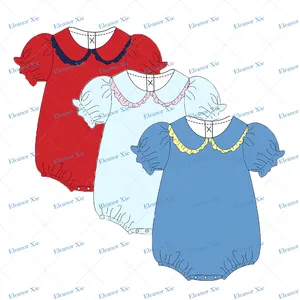 Boutique 2024 plain cotton peter pan collar baby clothes girls short sleeve toddler new born ruffled knitted bubble romper