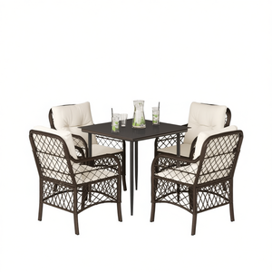 Set da pranzo da giardino in rattan PE marrone a 5 pezzi con cuscini color crema, mobili da esterno - Product Image 1