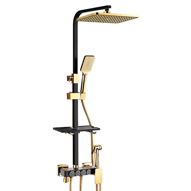 Válvula de ducha de latón Popular, juego de ducha cuadrada, grifo de ducha termostático negro y dorado montado en la pared para Baño