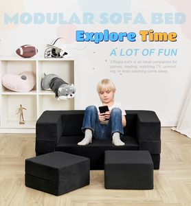 Canapé modulaire moderne en velours <span class=keywords><strong>pour</strong></span> enfants Elftopia, canapé-lit convertible <span class=keywords><strong>pour</strong></span> tout-petits avec <span class=keywords><strong>fauteuil</strong></span> moelleux (noir) - Product Image 4