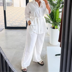 Women's Belted Shirt & Wide Leg <b>Pants</b> Set Long Sleeve Button-<b>Down</b> 2 Piece Outfit Fashion - Product Image 2