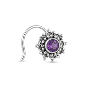 Indian Mores 925 Sterling <b>Silver</b> Round Amethyst Cup Setting <b>Nose</b> Pin Stud Premium Handcrafted Boutique Jewelry for Women Girls - Product Image 1