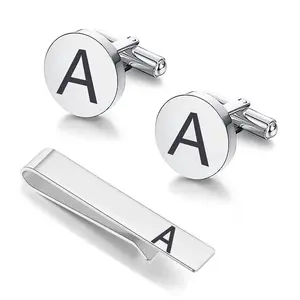 Cufflink Manufacturer Supplier Customised Logo Stainless Steel Cuff Links Men Silver Plated Engraved Cufflink and Tie Clip Sets