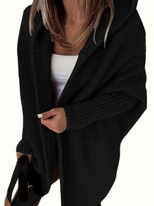 Cardigan uni pour <span class=keywords><strong>femme</strong></span>, sweat à capuche <span class=keywords><strong>long</strong></span>, doux et ample, pull tricoté tendance et décontracté - Product Image 5