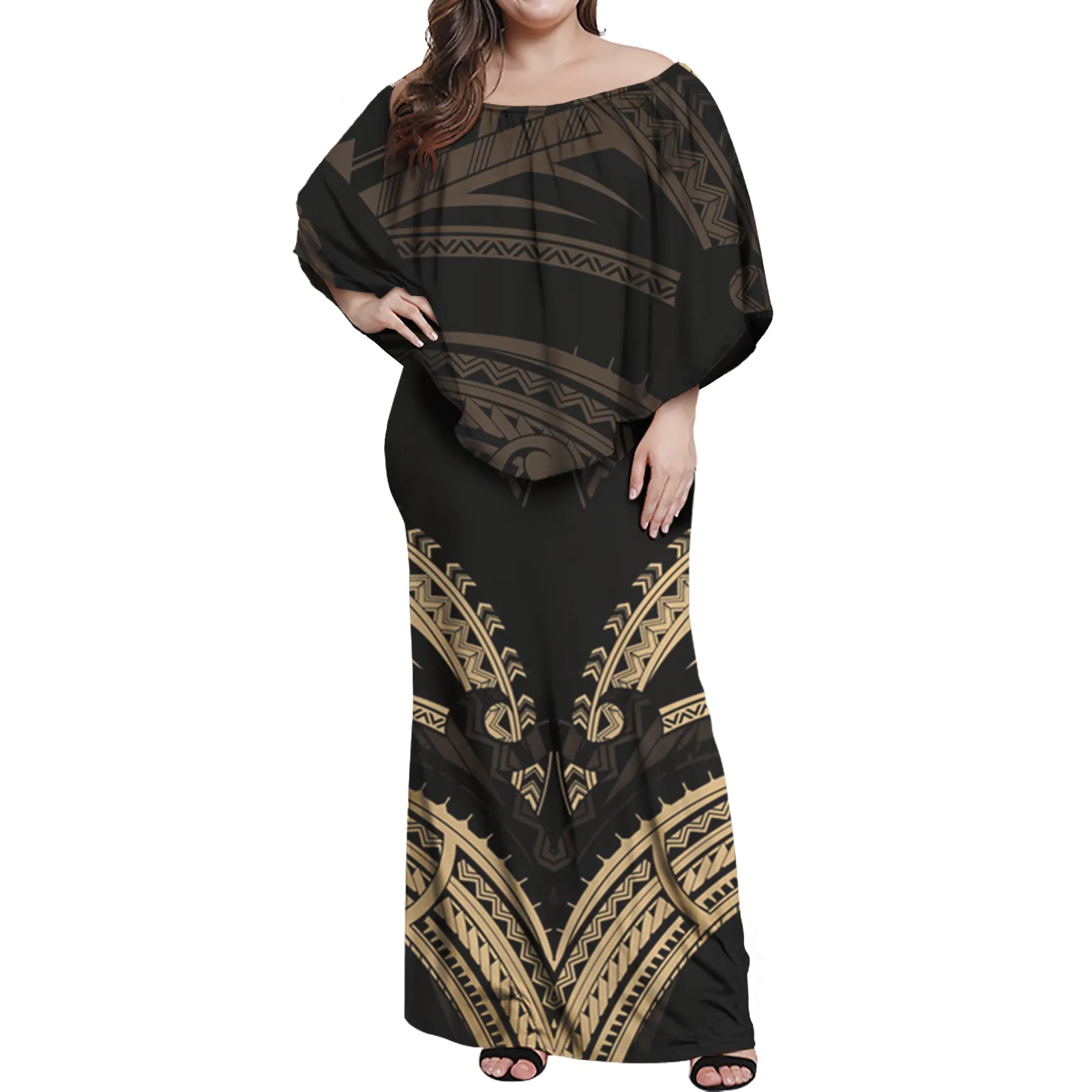 Gold Polynesian Tribal Black Elegant Dresses For Women Long Sleeveless Dress Vintage Custom Off Shoulder Maxi Ruffle Dress