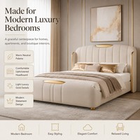 Base de Cama con Plataforma Beige, Diseño en Cuero Sintético, para Colecciones de Dormitorios y Hogares